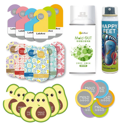【永續防霉．領航家套組】 MoldGoGo防霉吊卡 Pantone款6片＋花磚款6片＋酪梨款6片＋大圓卡6片＋噴噴霉1罐 ＋HAPPY FEET鞋內噴霧