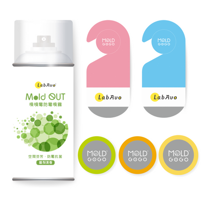 【小空間防霉組】居家全方位防霉 MoldOUT噴噴霉1罐+MoldGoGo防霉吊卡Pantone款2片+大圓卡3片